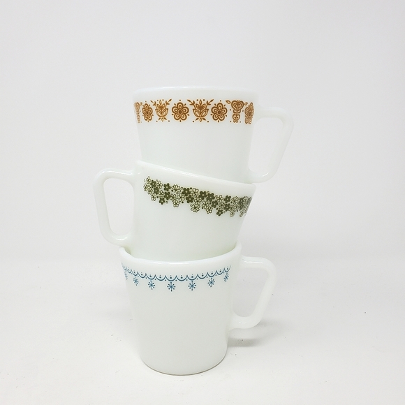 COPY - VTG Pyrex Milk Glass Coffee Mugs Butterfly Gold/Spring Blossom/Snowflake… - Picture 1 of 8